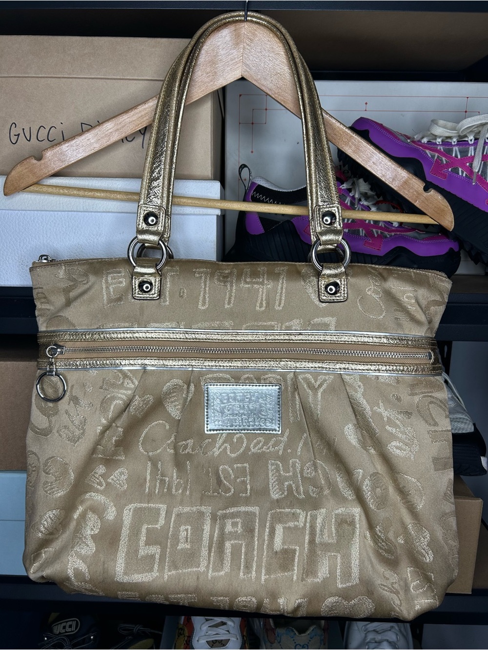 Coach Poppy Story Patch Glam Glamour XL Tote Shoulder Bag 15301 Khaki Gold RARE